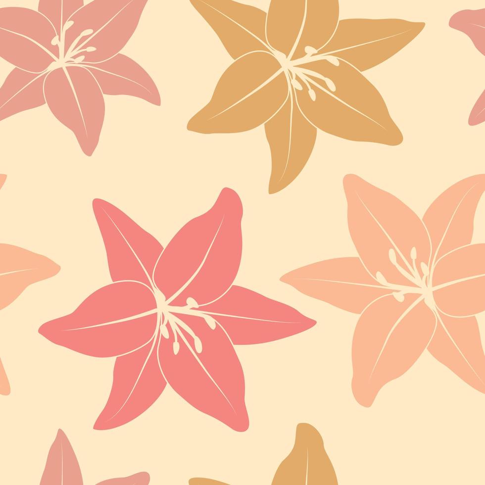 Beautifull tropical lily flowers and leaves seamless pattern design. Tropical leaves, monstera leaf seamless floral pattern background. Trendy brazilian illustration vector