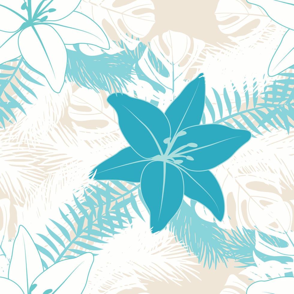 Beautifull tropical lily flowers and leaves seamless pattern design. Tropical leaves, monstera leaf seamless floral pattern background. Trendy brazilian illustration vector