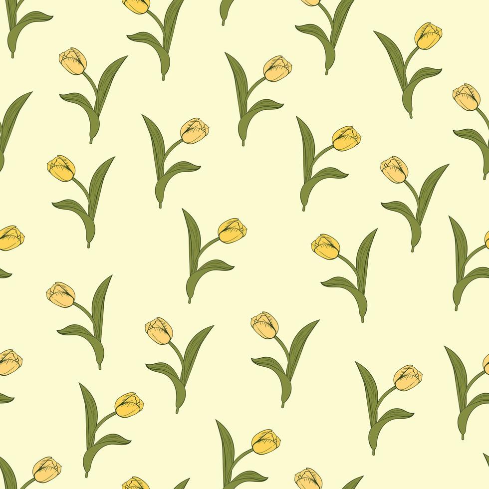 Tulip flowers and leaves seamless pattern background. Nature wrapping paper or textile design. Beautiful print with hand-drawn flower. vector