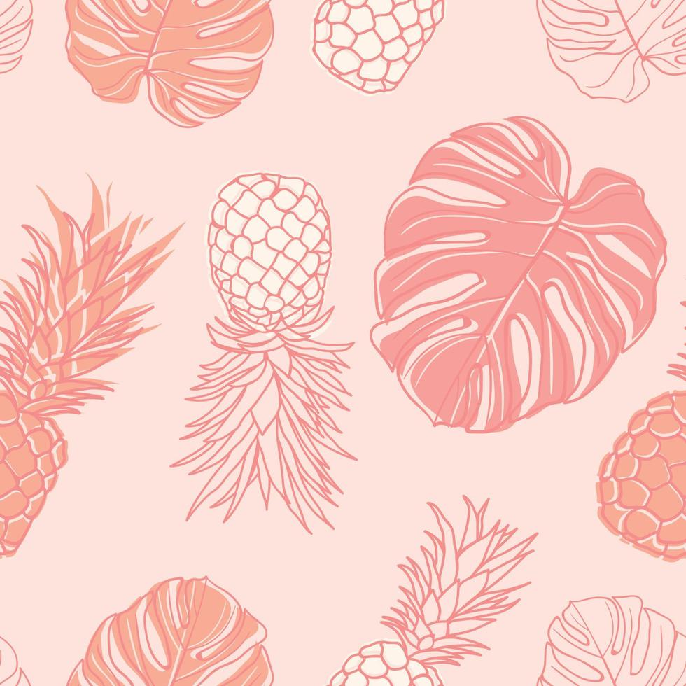 Tropical floral leaves, palm leaves, monstera, pineapple seamless pattern background. Exotic jungle wrapping paper. Beautiful print with hand drawn exotic plants. Summer design for fashion, print vector