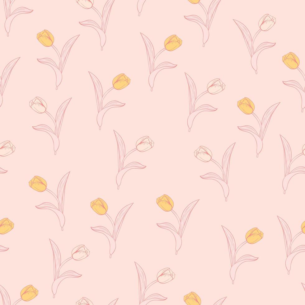 Tulip flowers and leaves seamless pattern background. Nature wrapping paper or textile design. Beautiful print with hand-drawn flower. vector