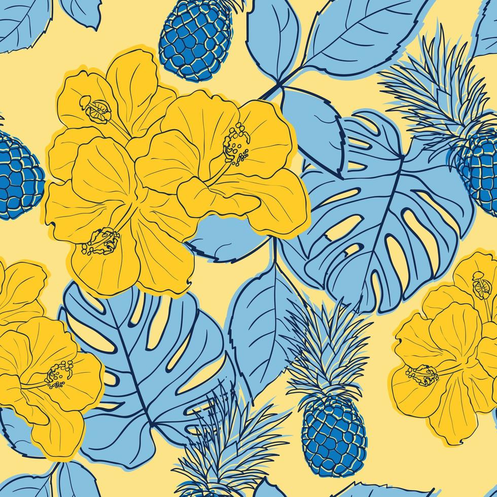 hibisco tropical, hojas de palma, monstera, fondo transparente de piña. papel de regalo de selva exótica. hermoso estampado con plantas exóticas dibujadas a mano. diseño de verano para moda, estampado vector