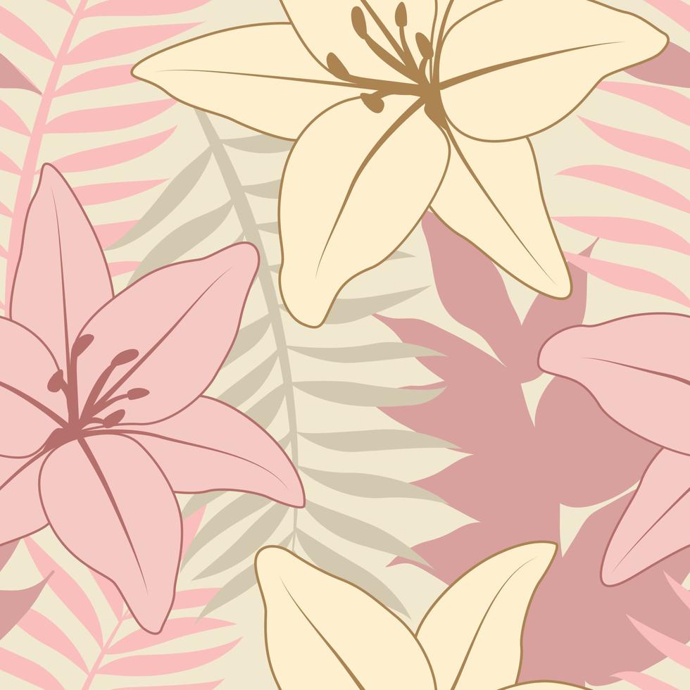 hermoso lirio tropical flores y hojas diseño de patrones sin fisuras. hojas tropicales, fondo de patrón floral transparente de hoja de monstera. ilustración brasileña de moda vector