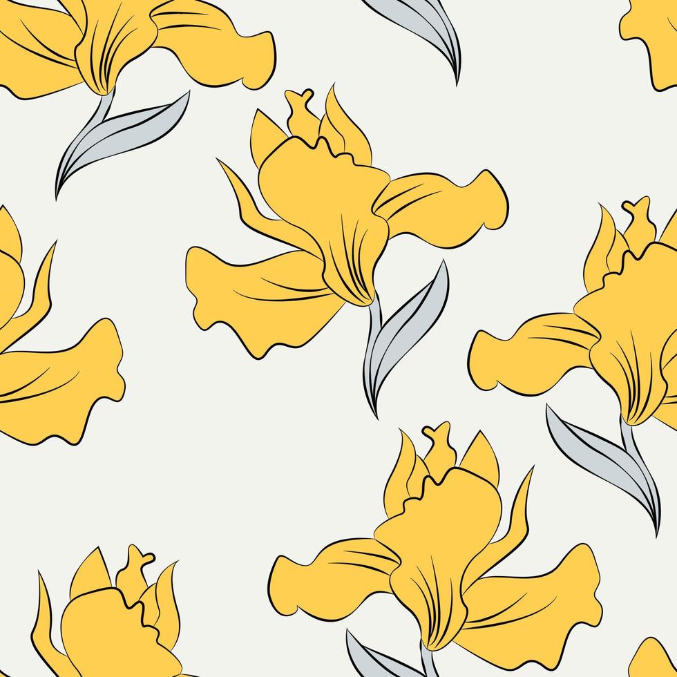 Iris Modern flowers seamless pattern design. Seamless pattern with spring flowers and leaves. Hand drawn background. floral pattern for wallpaper or fabric. Botanic Tile. vector