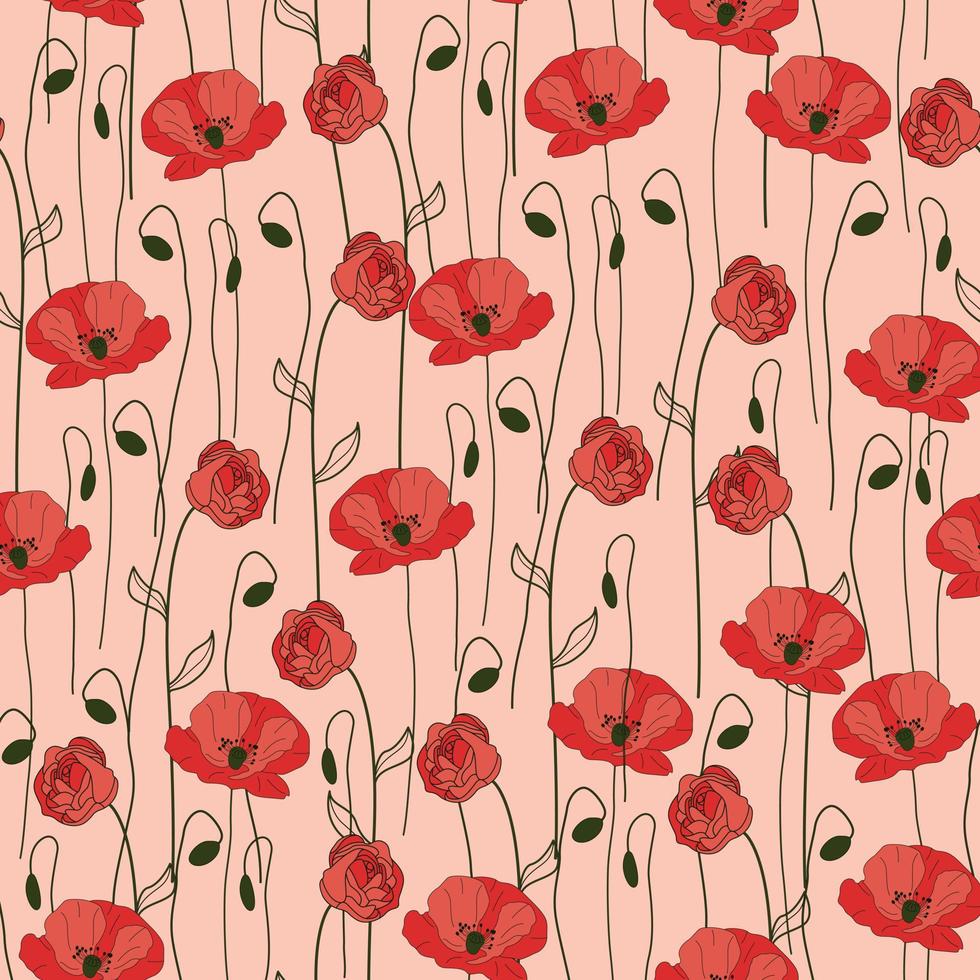 Modern wild flowers seamless pattern design. Seamless pattern with spring poppy flowers and leaves. Hand drawn background. floral pattern for wallpaper or fabric. Botanic Tile. vector