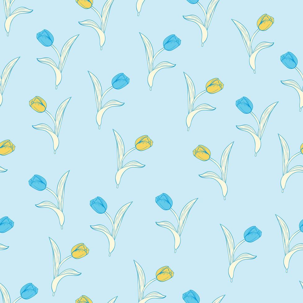 Tulip flowers and leaves seamless pattern background. Nature wrapping paper or textile design. Beautiful print with hand-drawn flower. vector