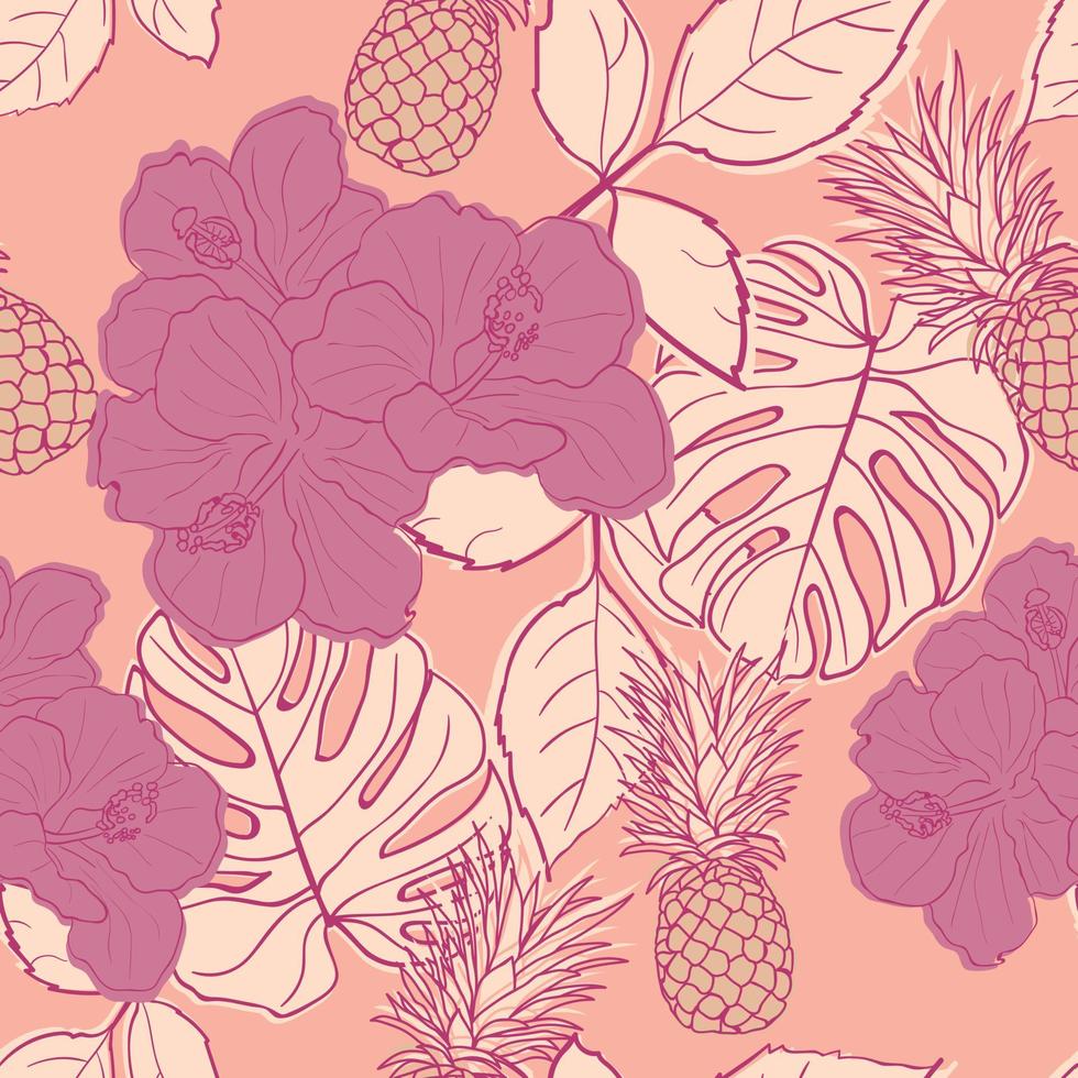 hibisco tropical, hojas de palma, monstera, fondo transparente de piña. papel de regalo de selva exótica. hermoso estampado con plantas exóticas dibujadas a mano. diseño de verano para moda, estampado vector