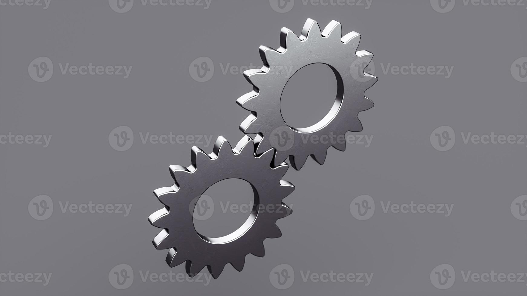 Metallic gear symbol on a gray background. 3D gear mechanism. 3D Rendering. photo