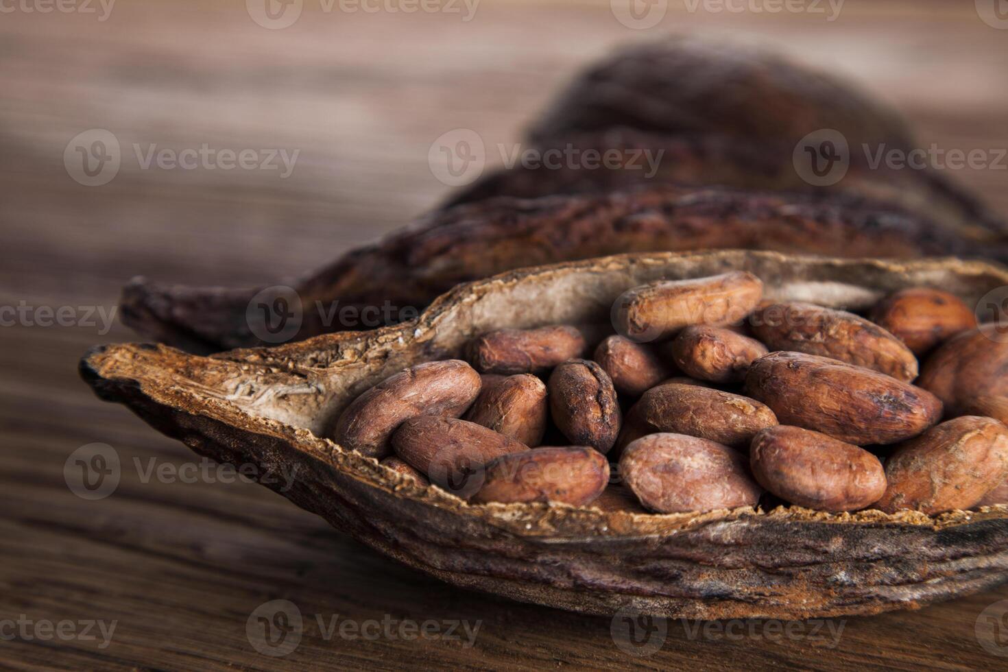 granos de cacao y fondo de postre de comida y polvo foto