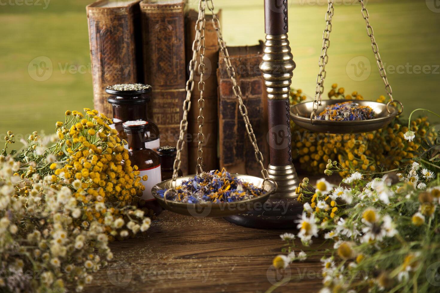 Herbal medicine on wooden desk background photo