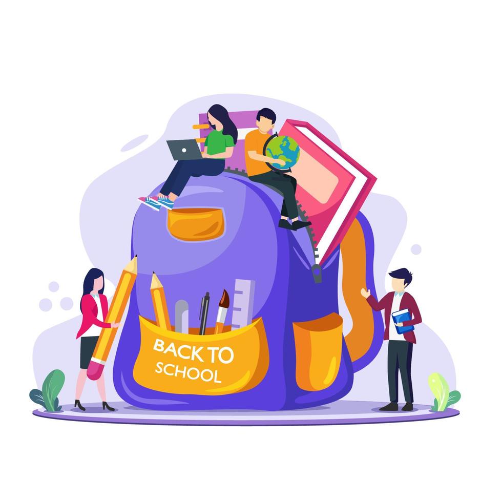 students are preparing to back to school with giant school backpack with supplies. Flat vector template