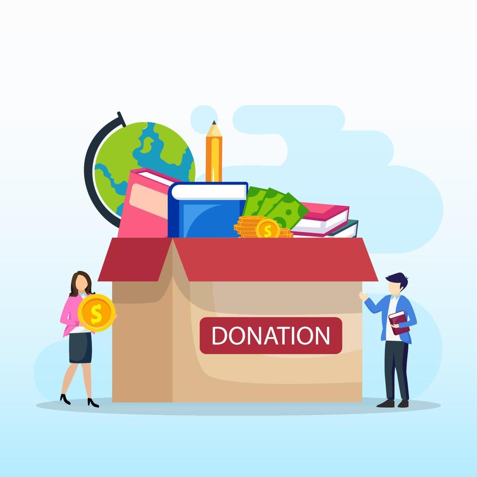 patrocina la ayuda humanitaria y solidaria. pequeños personajes masculinos y femeninos ponen libros y papelería en una enorme caja de donaciones. atención y asistencia social a los niños pobres. vector