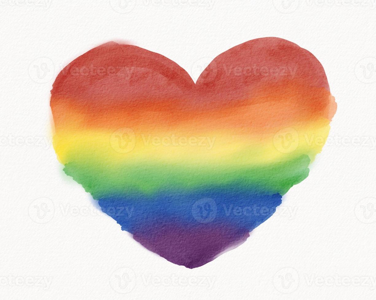 LGBT  Pride month watercolor texture concept. Rainbow flag brush style in heart shape isolate on white background. photo