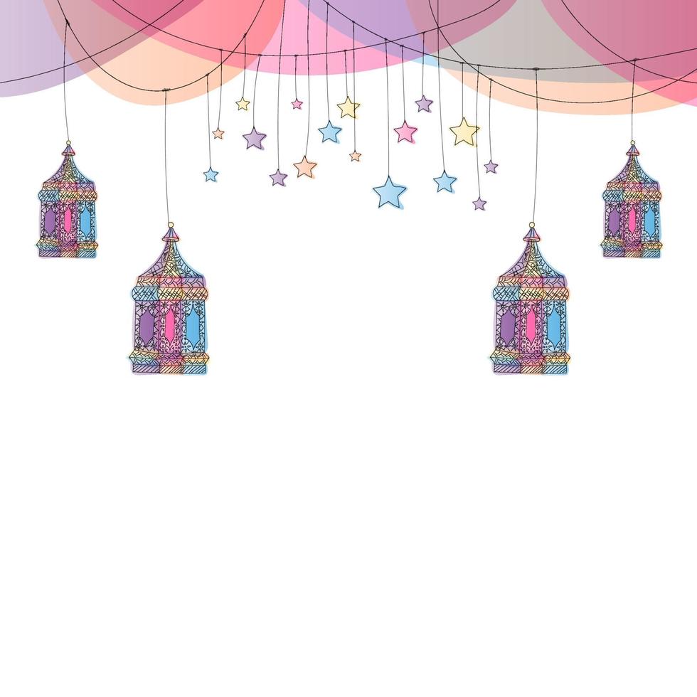 Greeting card or banner background. Hand drawn lanterns and stars. Hand drawn decoration background. Vector illustration