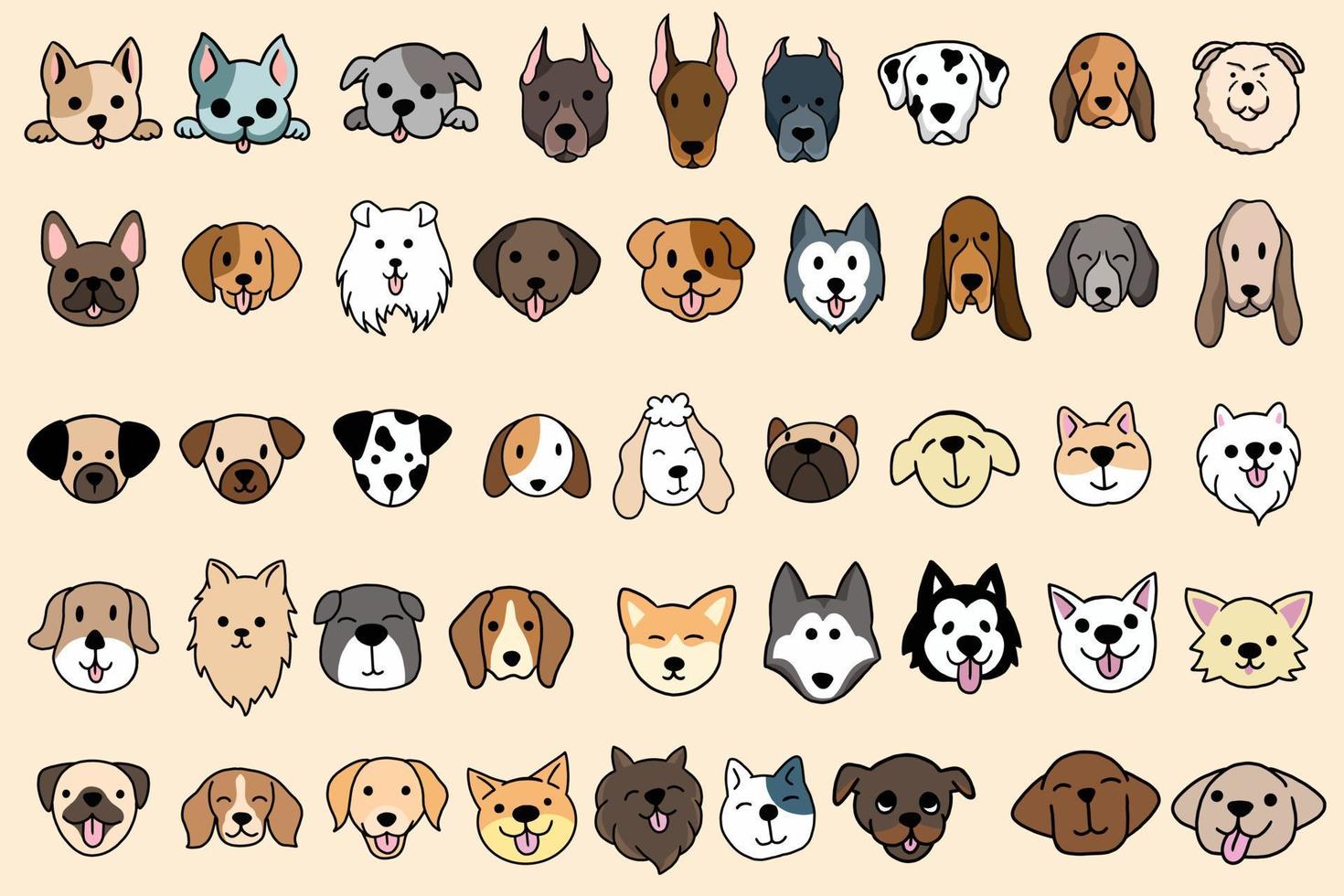 conjunto mega colección paquete lindo cachorro cachorros perro mascota dibujos animados doddle cara feliz divertida para niños y niños ilustración vector