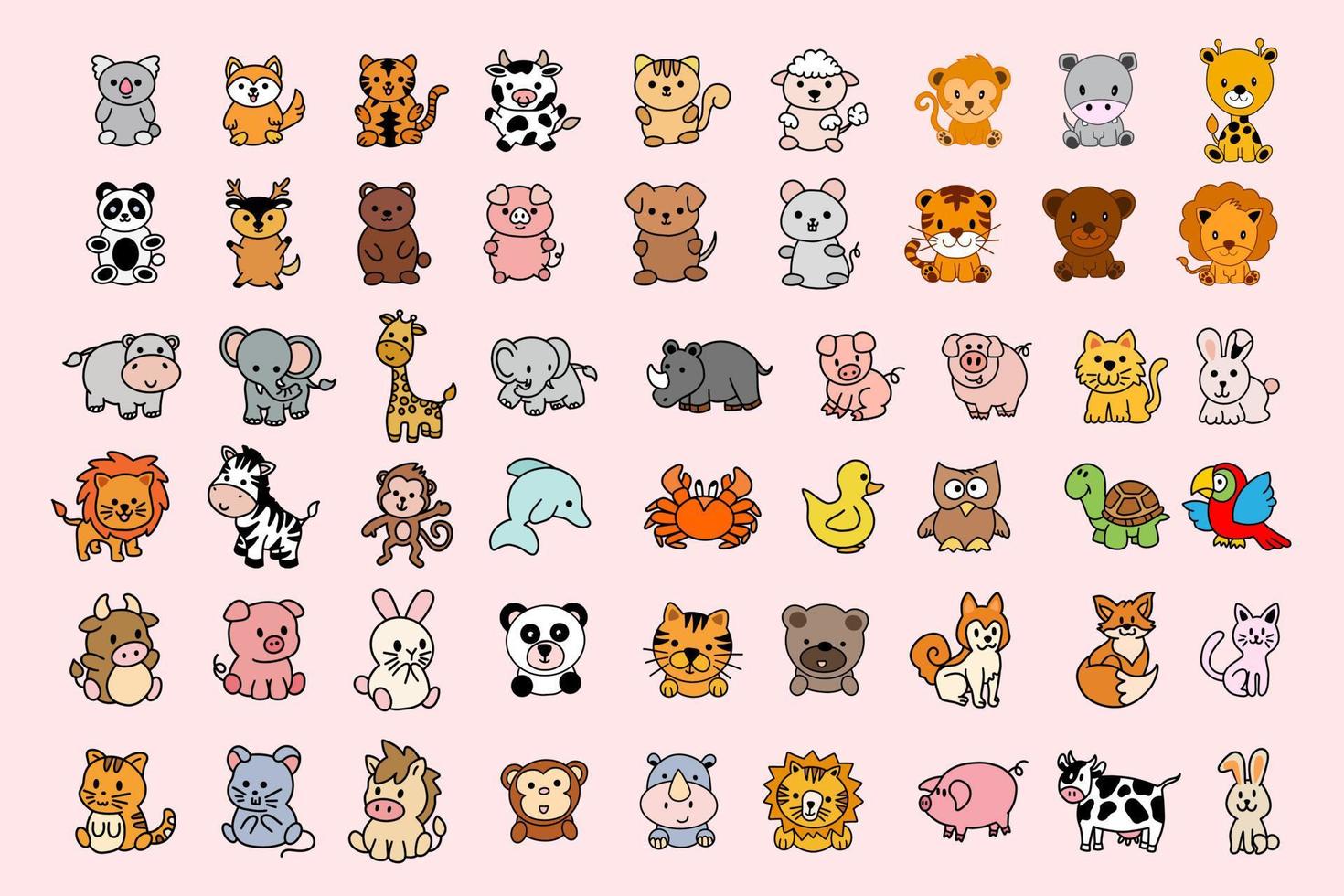 Set Mega Collection Bundle Cute Animal cartoon doodle for kids and children funny wild animal vector