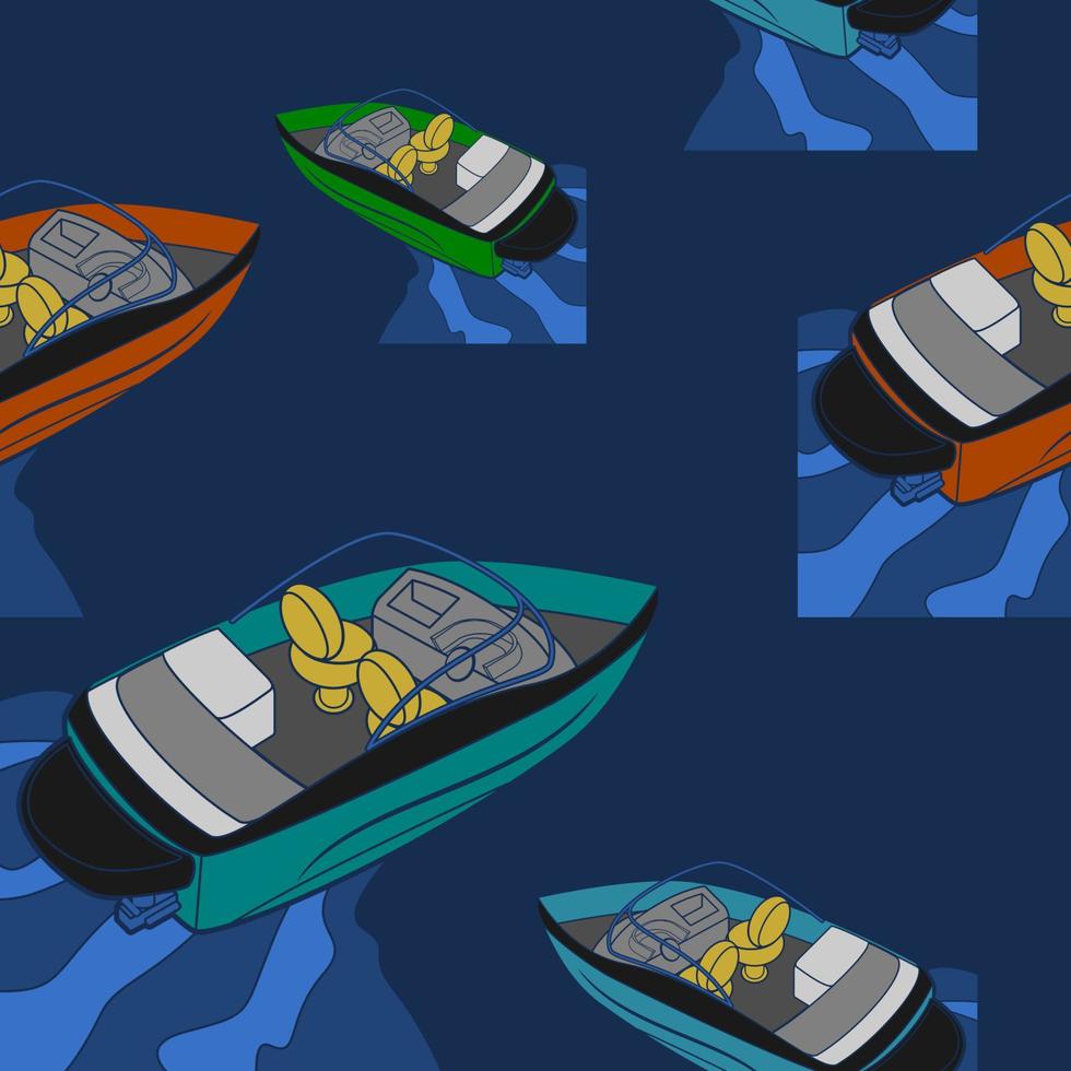 Editable Top Back Oblique View American Bowrider Boats in Various Colors on Water Vector Illustration as Seamless Pattern for Creating Background of Transportation or Recreation Related Design