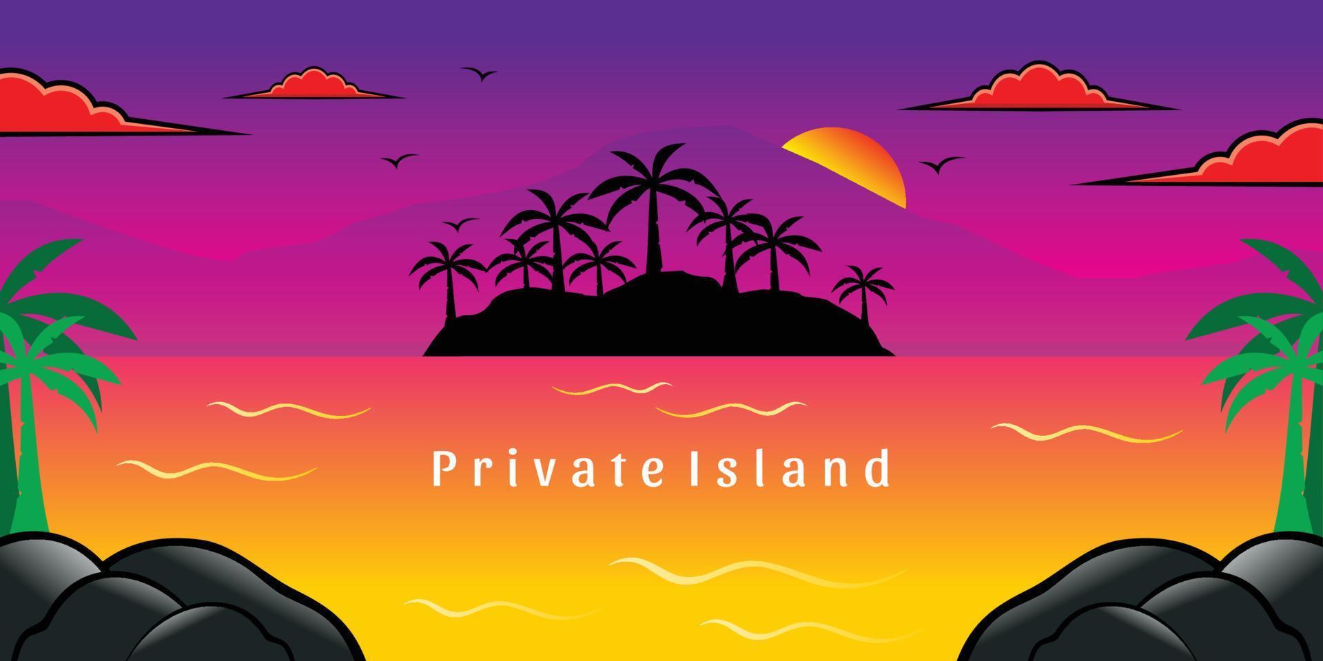 Vector design and illustration of the beach at dusk and the silhouette of the island