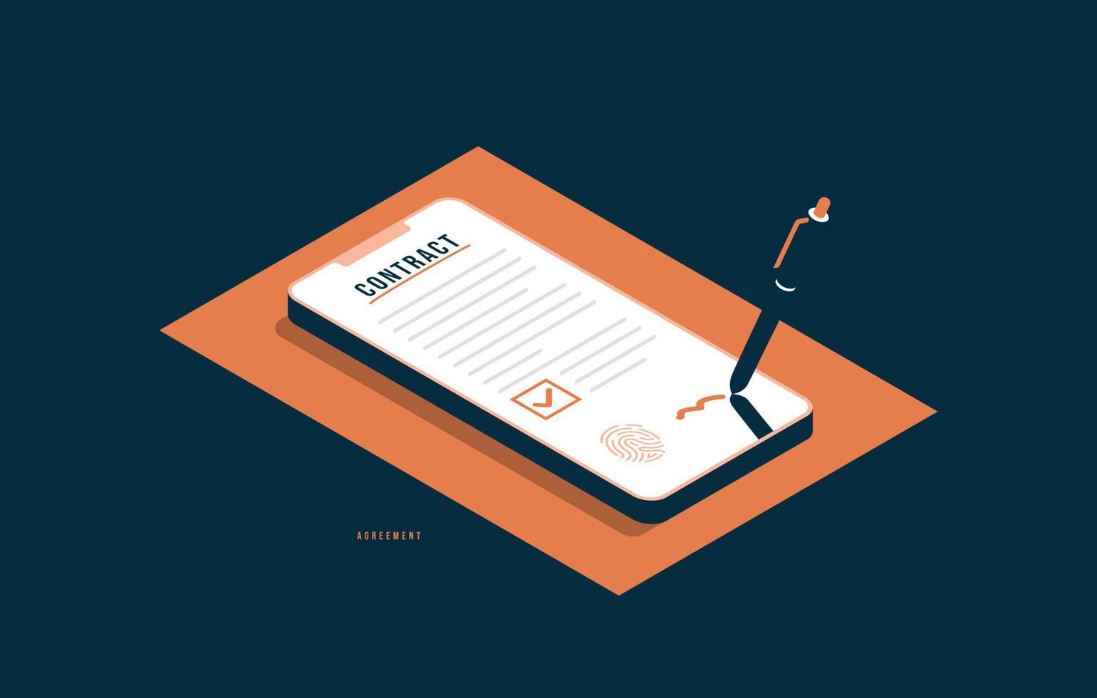 Digital signature and smart contract agreement concept, Isometric smartphone with pencil signing document. Successful completion of business tasks vector illustration
