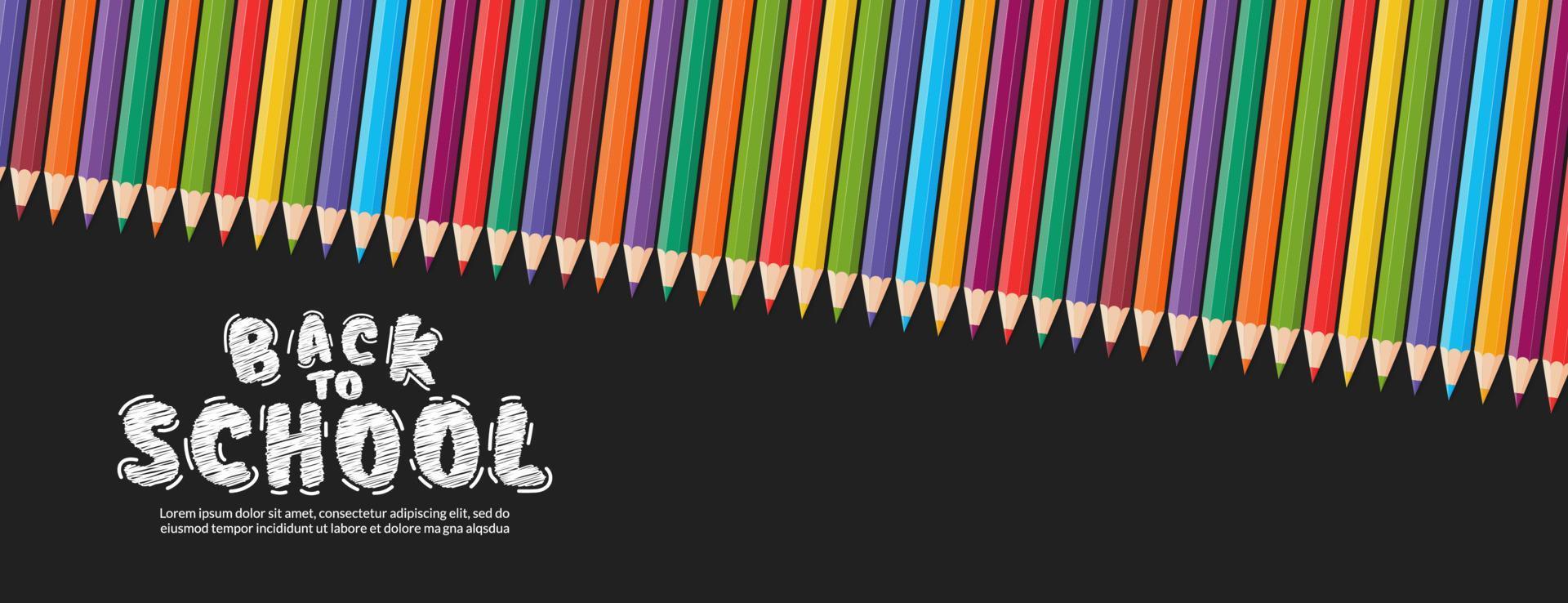 Fondo de diseño vectorial de lápices de colores, concepto de regreso a la escuela con pancarta de crayones coloridos vector