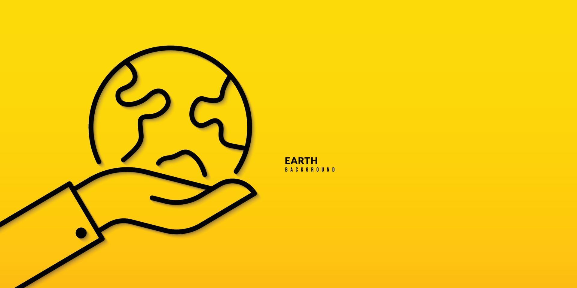 Hand holding Planet Earth on yellow background, Save the planet concept. Minimal Continuous line drawing illustration vector