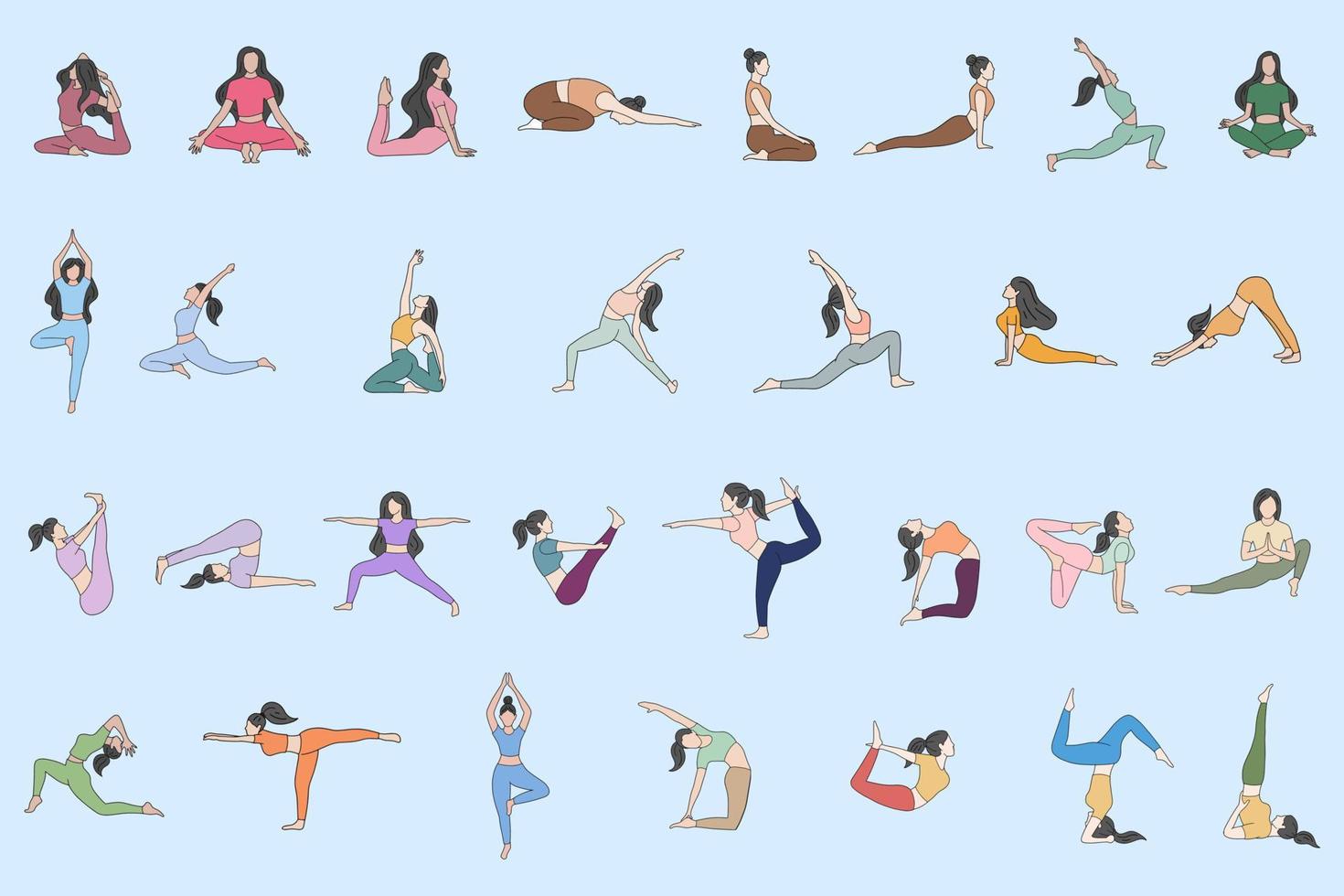 conjunto mega colección paquete de mujer niña yoga meditación personas pose espiritual ilustración plana vector