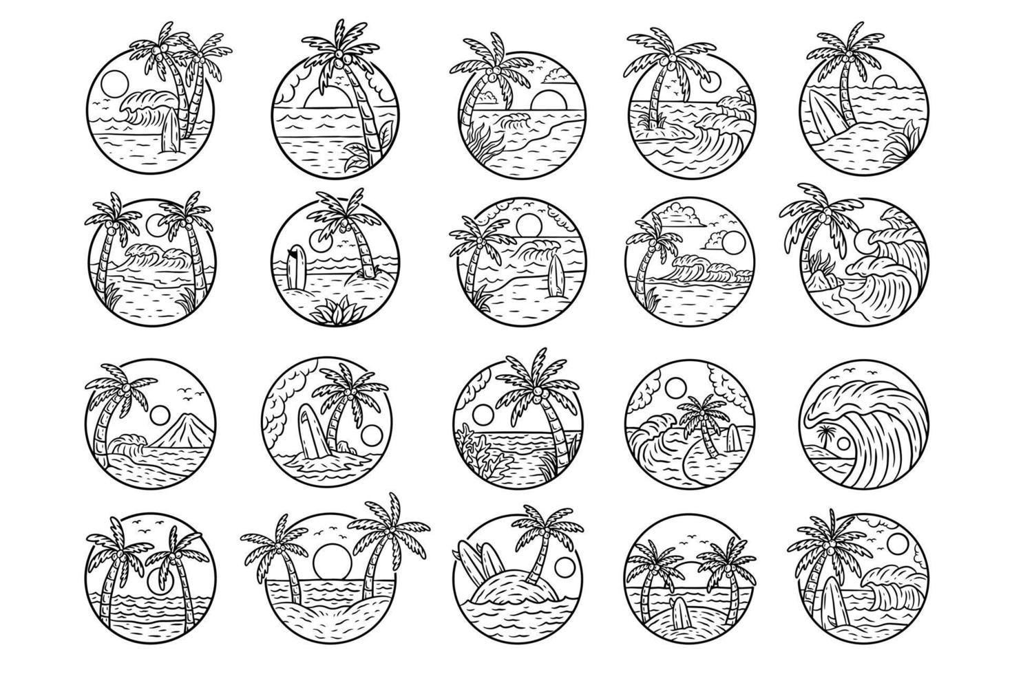 Set Mega Huge Bundle Collection Beach Good Vibes Sunset Coconut Tree relaxing wave surfing badges illustration vector