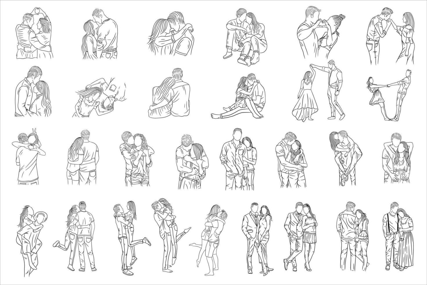 Set Mega Collection Bundle Happy Together Love Couple Women Girls and Boy Friends Line Art Hand Drawn Style illustration vector