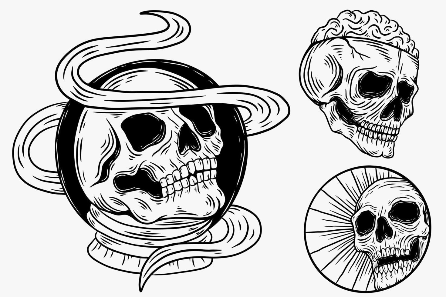 Set Dark illustration Skull Head Bones Hand drawn Hatching Outline Style for Tattoo Merchandise T-shirt Merch vintage vector