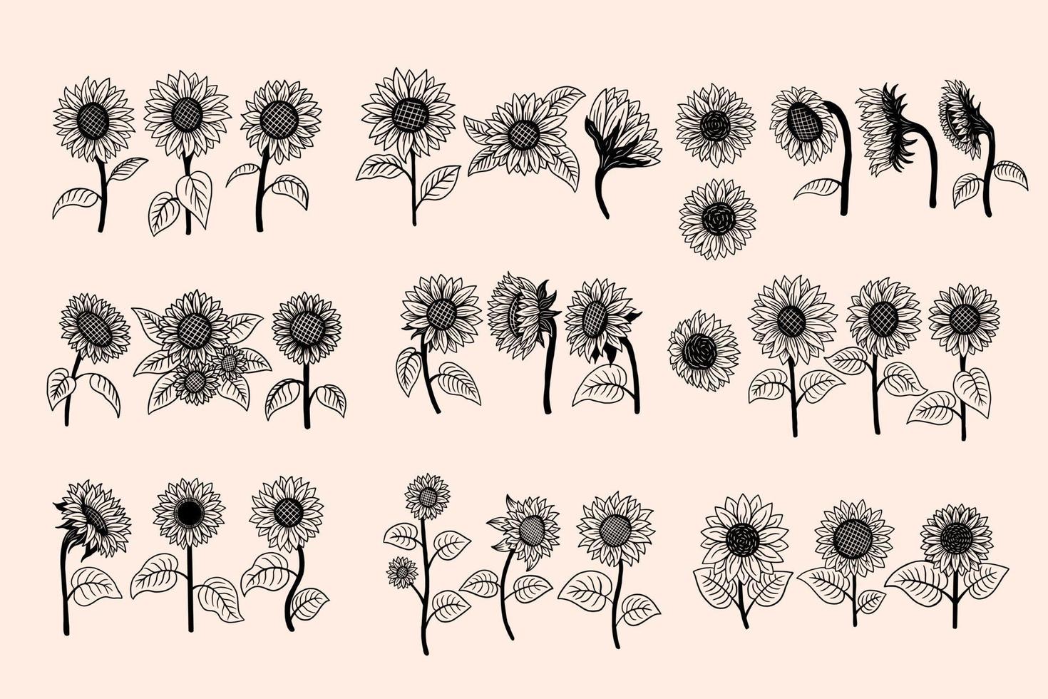 Set Huge Collection Bundle of Sun Flower isolated Decorative Beautiful Hand Drawn illustration vector