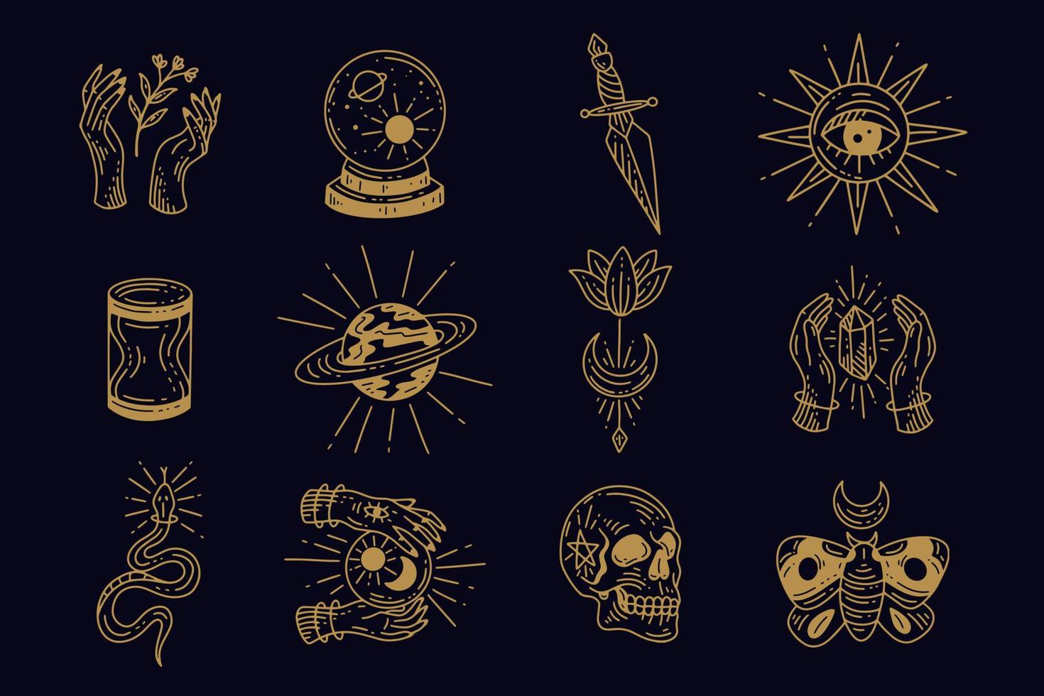 Set collection mystical celestial clipart symbol space doodle esoteric magic elements vintage illustration vector