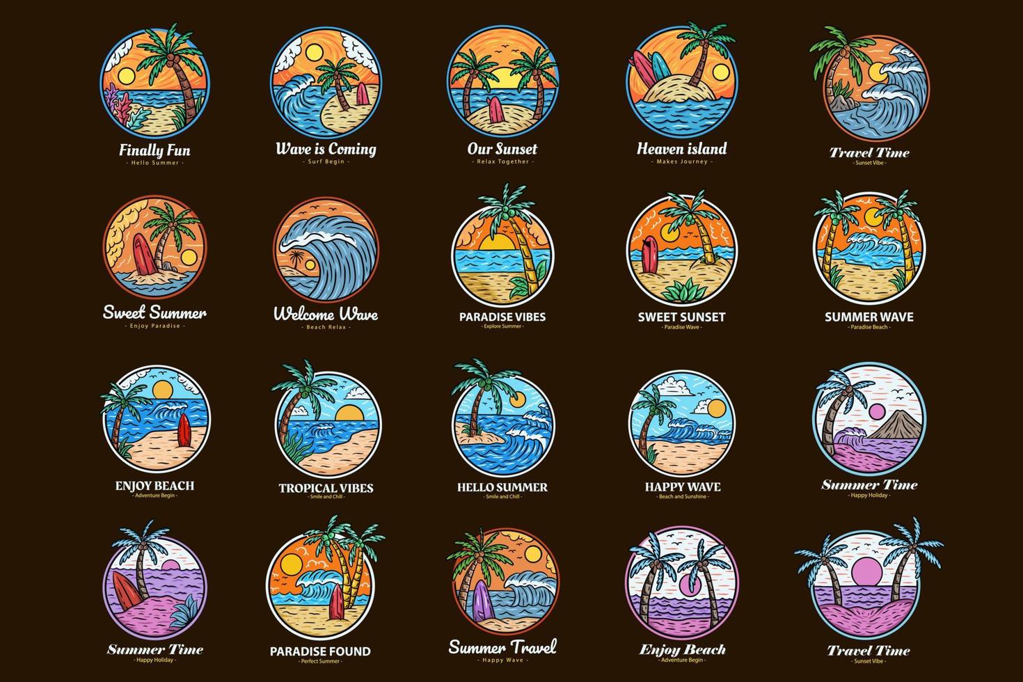 conjunto de mega colección de insignias de horario de verano con puesta de sol y ola cocotero y surf playa paraíso isla cielo emblema ilustración vector