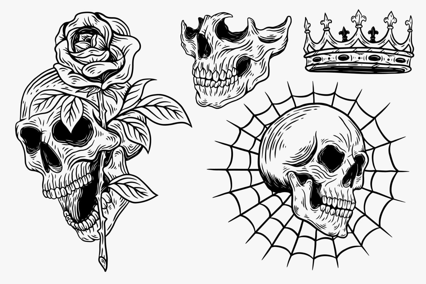 establecer ilustración oscura cráneo cabeza huesos dibujado a mano eclosión estilo de contorno para tatuaje mercancía camiseta merch vintage vector