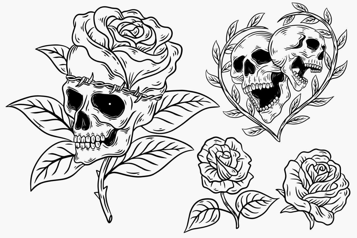 Set Dark illustration Skull Head Bones Hand drawn Hatching Outline Style for Tattoo Merchandise T-shirt Merch vintage vector