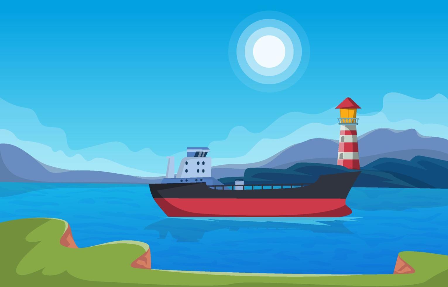 Sea Scenery with Lighthouse and Ship Background vector