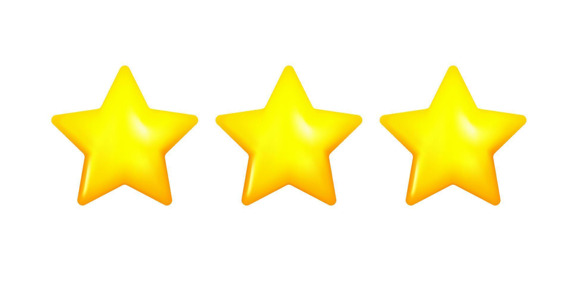 Three yellow stars glossy colors. Customer rating feedback concept from client about employee of website. Realistic 3d design. For mobile applications. Vector illustration