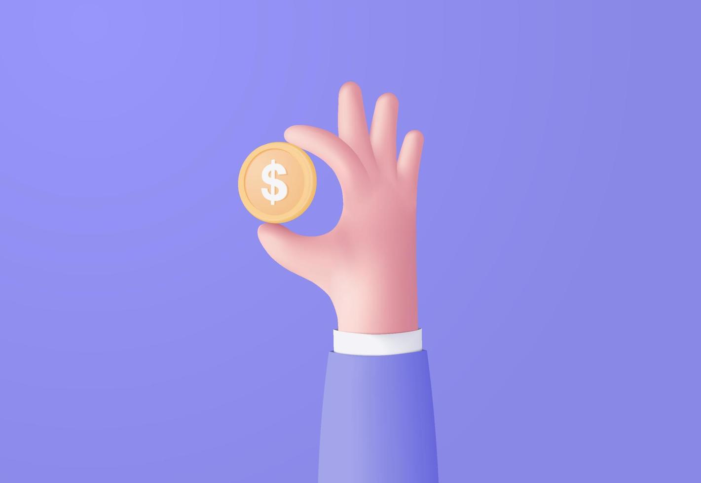 3D money coin hand holding on purple pastel background. holding money in business hand concept, online payment and payment 3d vector render concept. finance, investment, money saving on hand isolated