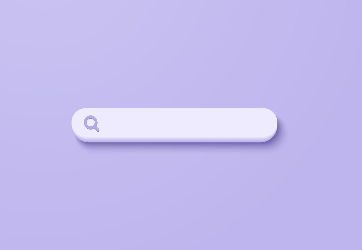 3D minimal search bar or magnifying glass in blank search bar on purple background. Search bar design element on web browser. 3d vector magnifier render for UI illustration in pastel background