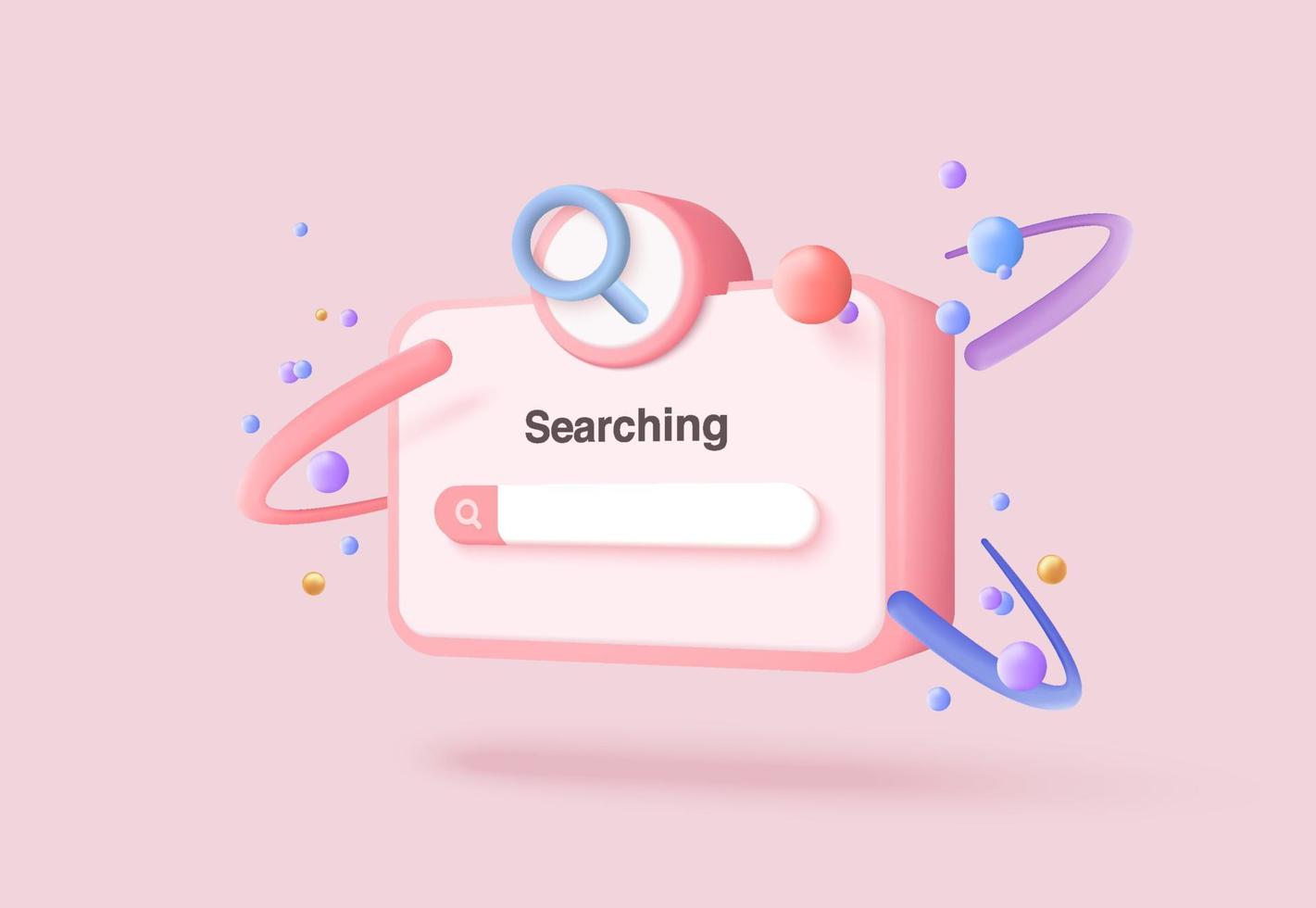 Barra de búsqueda mínima 3d o lupa en la barra de búsqueda en blanco sobre fondo rosa. elemento de diseño de la barra de búsqueda en el navegador web. Renderizado de lupa de vector 3d para ilustración de interfaz de usuario en fondo pastel