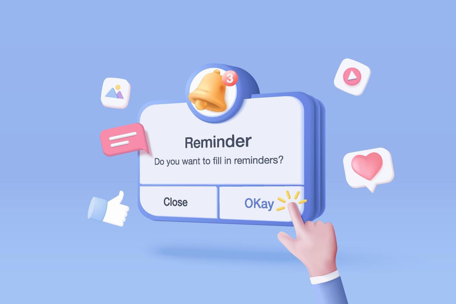 Recordatorio 3d en calendario y mano para presionar el botón. página de notificaciones con elementos flotantes. alerta para planificación empresarial, eventos, recordatorios y calendario en fondo azul. renderizado social vectorial 3d vector