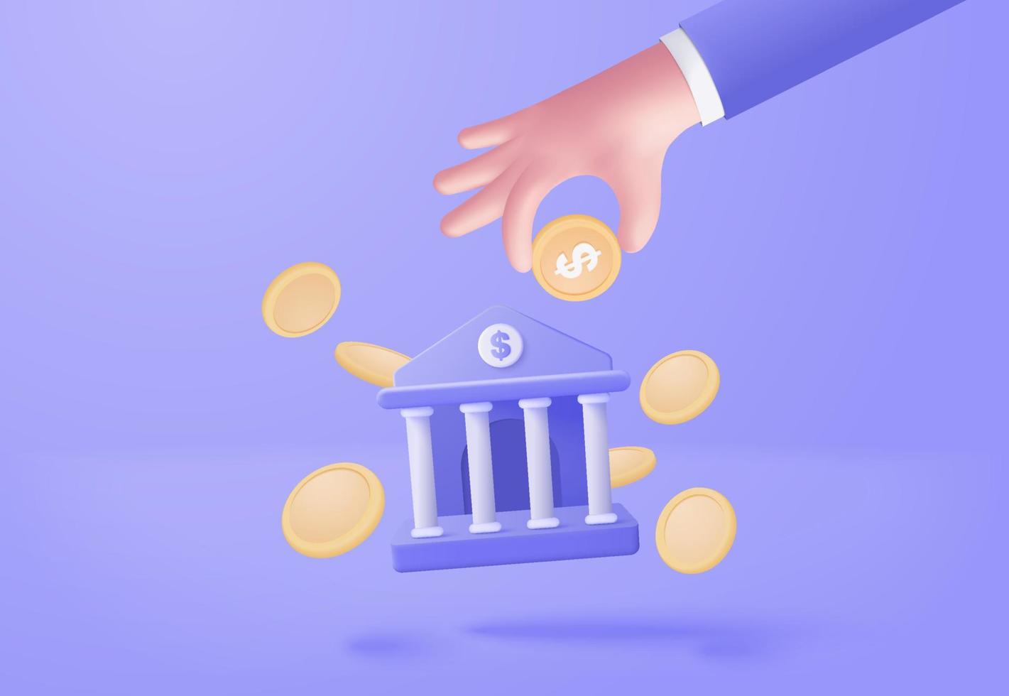 3d minimal bank deposit and withdrawal, transactions money service, banking financial concept. bank building with hand holding coin for saving investment. 3d bank vector render on blue background