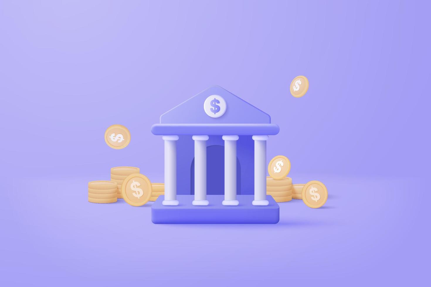 depósito y retiro bancario mínimo 3d, servicio de transacciones de dinero, concepto financiero bancario. edificio de banco con estilo de icono de moneda en el fondo. 3d banco vector render sobre fondo azul aislado