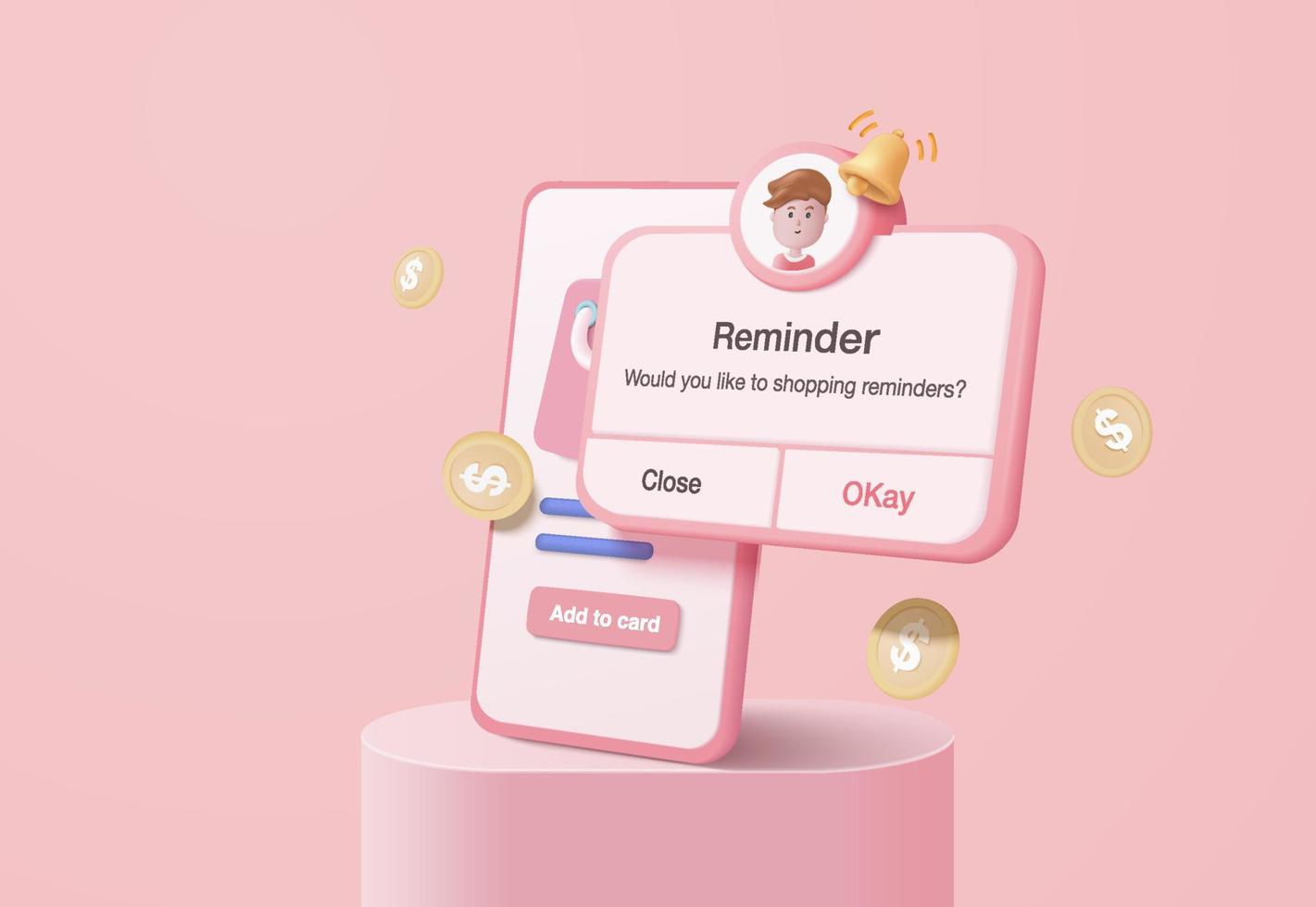 3D reminder in calendar on smartphone. notifications page with floating coin for e-commerce. Alert for online shopping planning, reminder and timetable in background. 3d vector bell render on mobile