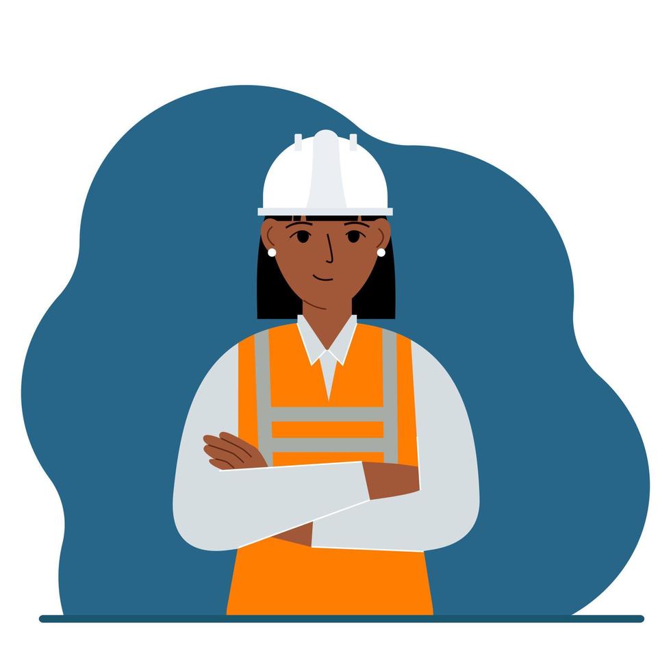 mujer sonriente trabajadora de la construcción con casco blanco y chaleco naranja. ingeniero. ilustración plana vectorial vector