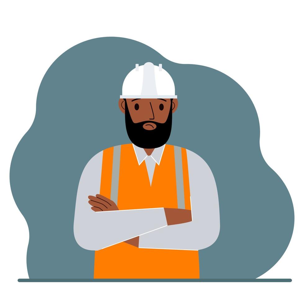 Sad male construction worker in a white helmet and an orange vest. Vector flat illustration