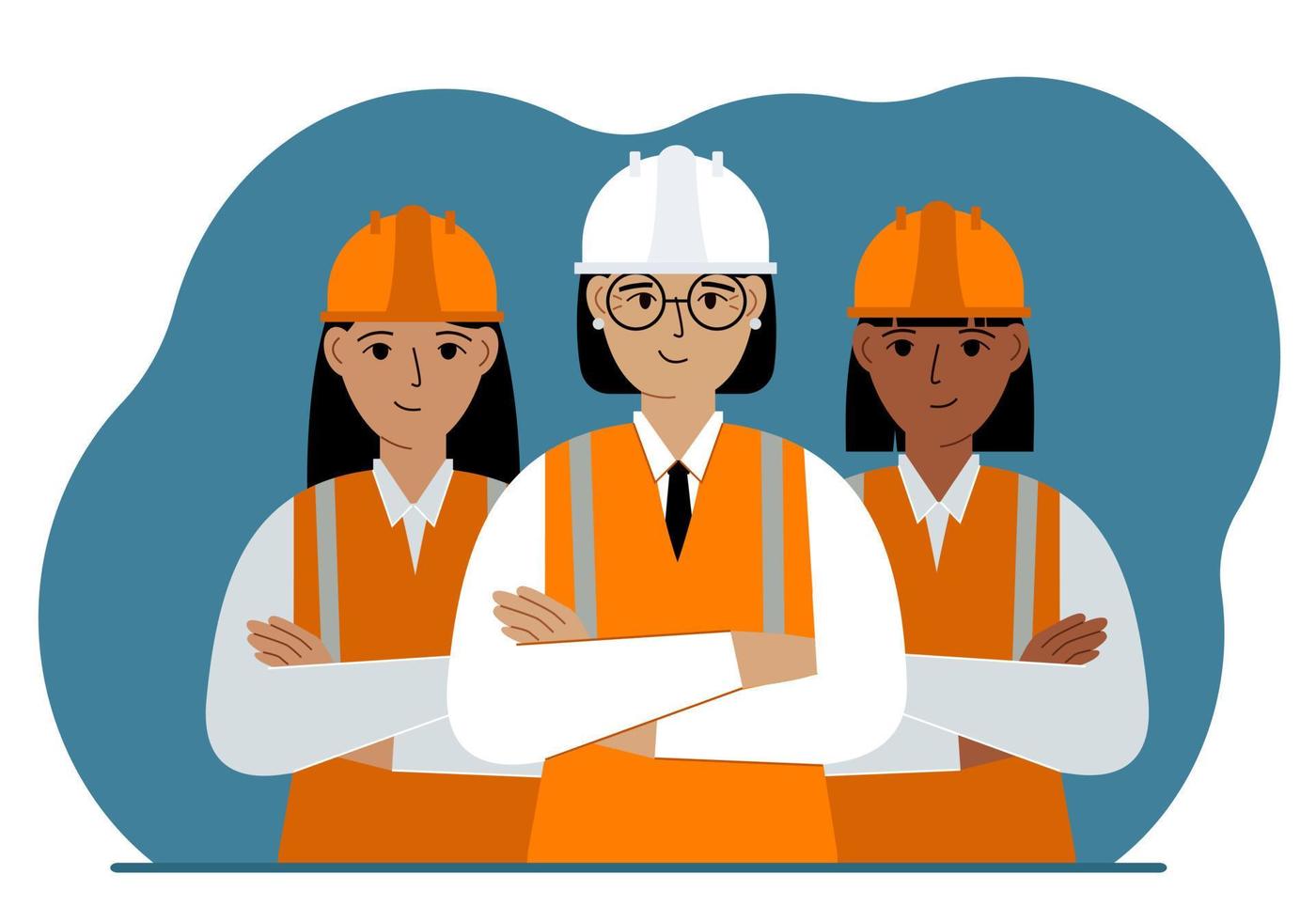 A team of smiling construction workers in white and orange helmets and orange vests. Engineer and builders. Vector flat illustration