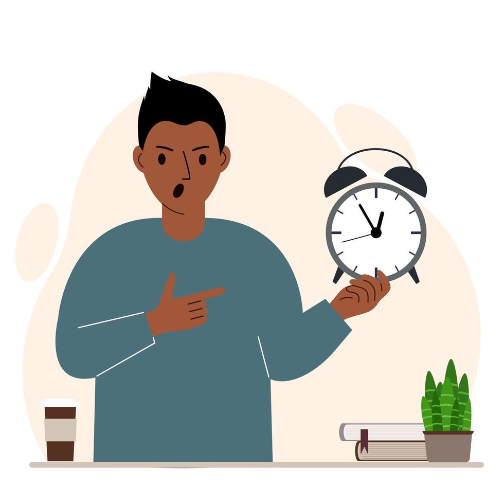 Modern concept of time management illustration. A screaming man holds an alarm clock in his hand and the second points to it. Vector flat illustration