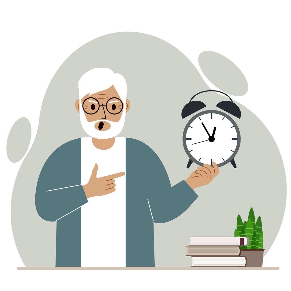 Modern concept of time management illustration. A screaming grandfather holds an alarm clock in his hand and the second points to it. Vector flat illustration