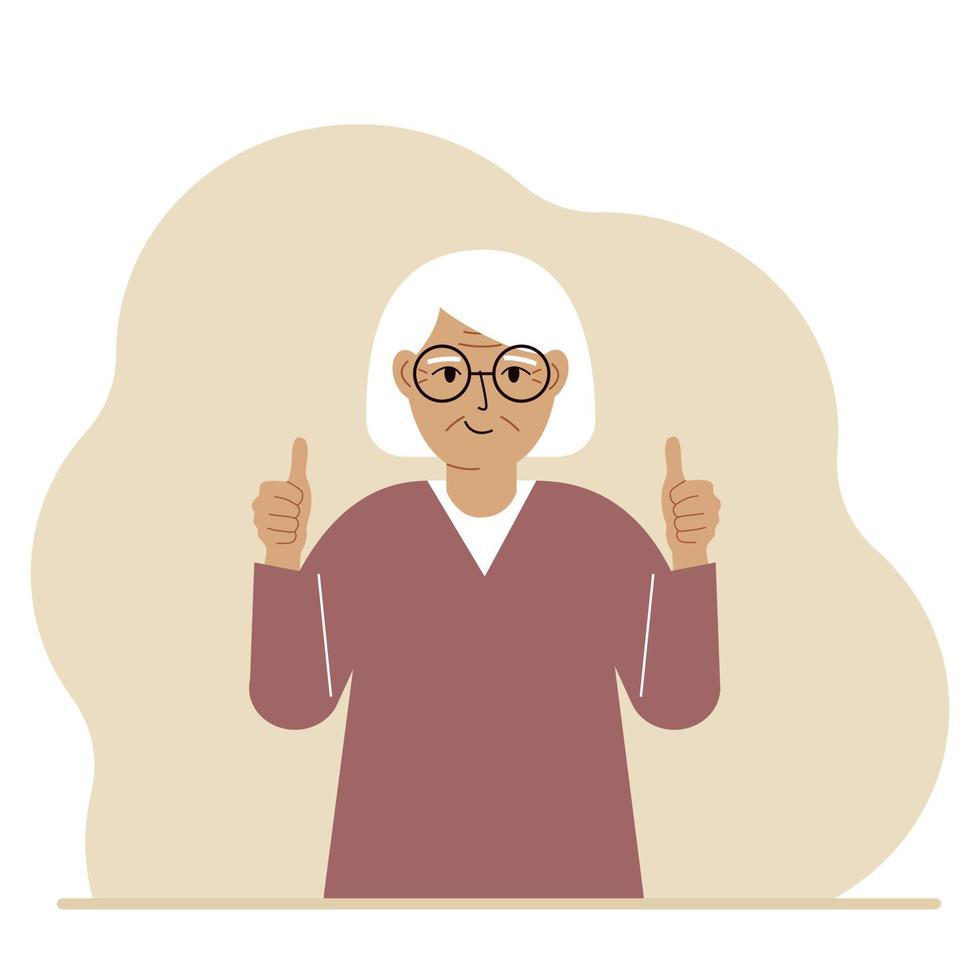 abuela alegre, con dos manos muestra un pulgar hacia arriba que todo está bien. hacer, consentimiento, aprobación, éxito. ilustración plana vectorial vector