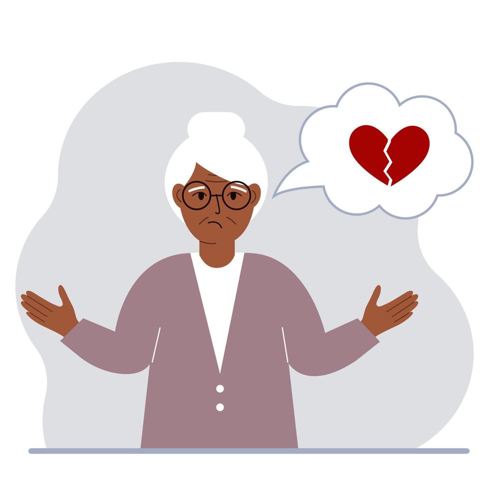 Sad woman thinks about love. In a balloon of thought, a red broken heart. The concept of parting and not shared love. Vector flat illustration